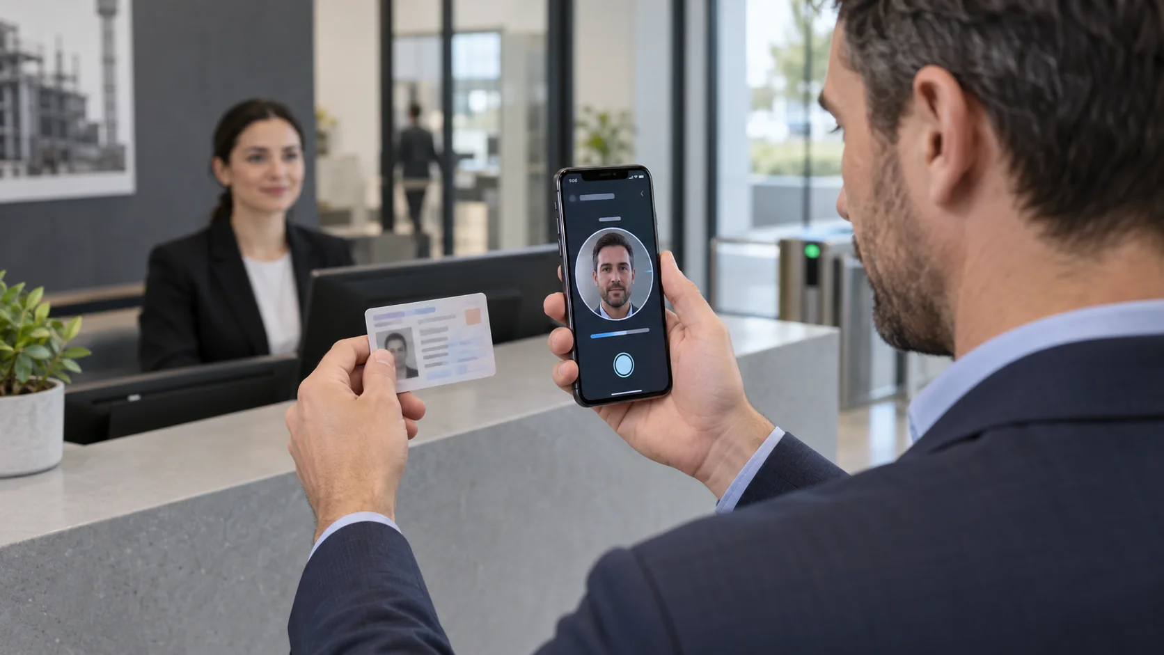 User registering for biometric access control with an ID document and selfie