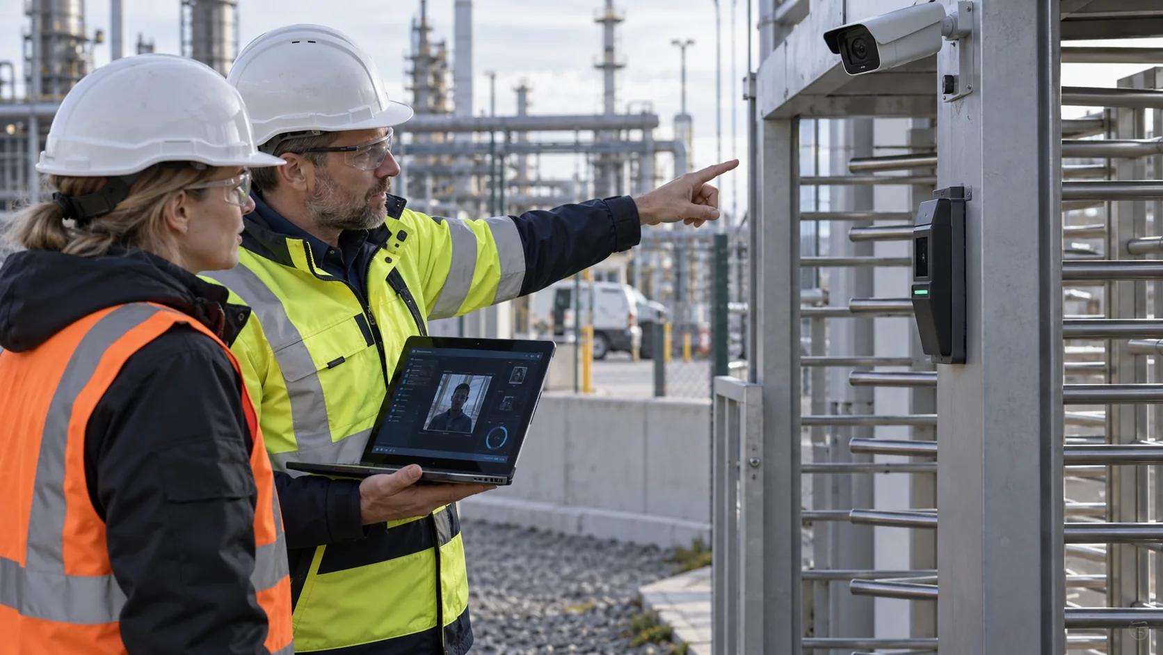 Security engineers assessing a biometric access control point at an industrial site
