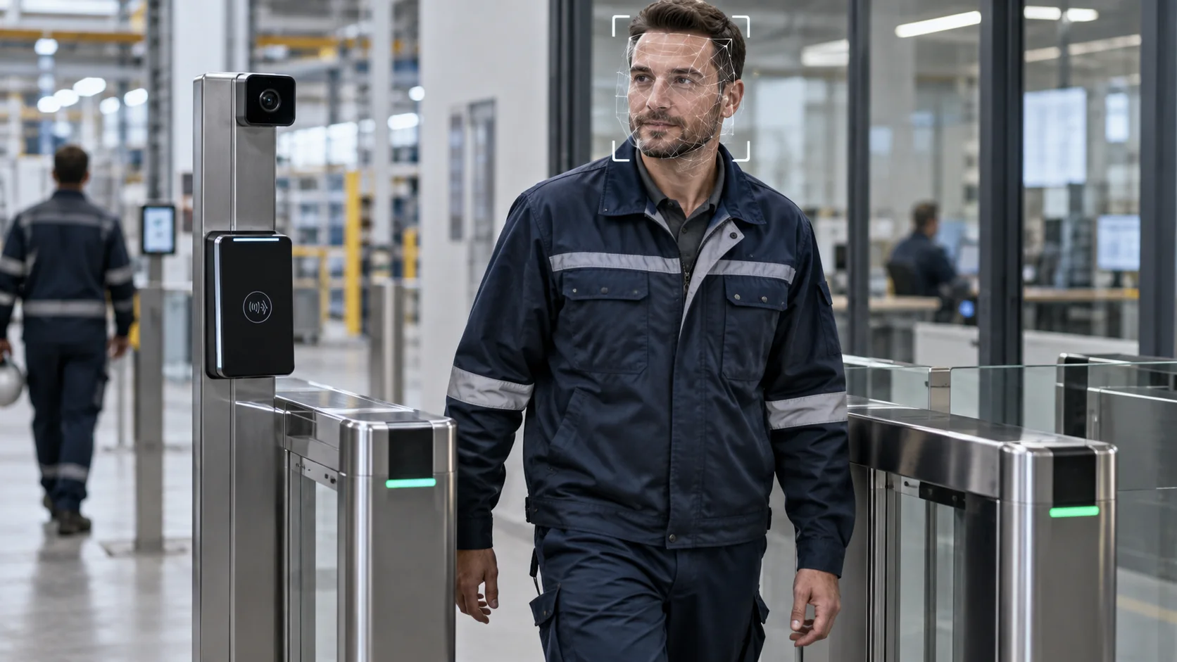 Employee identified by facial recognition while walking through an industrial access gate